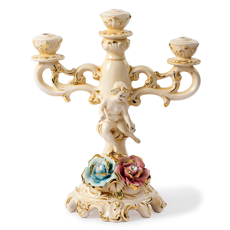 Right Capodimonte Candle holder with two-tone Roses and Cherubs