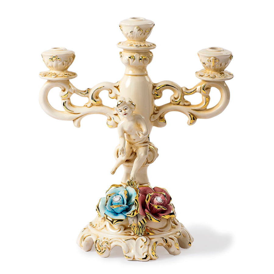 Left Capodimonte Candle holder with two-tone Roses and Cherubs