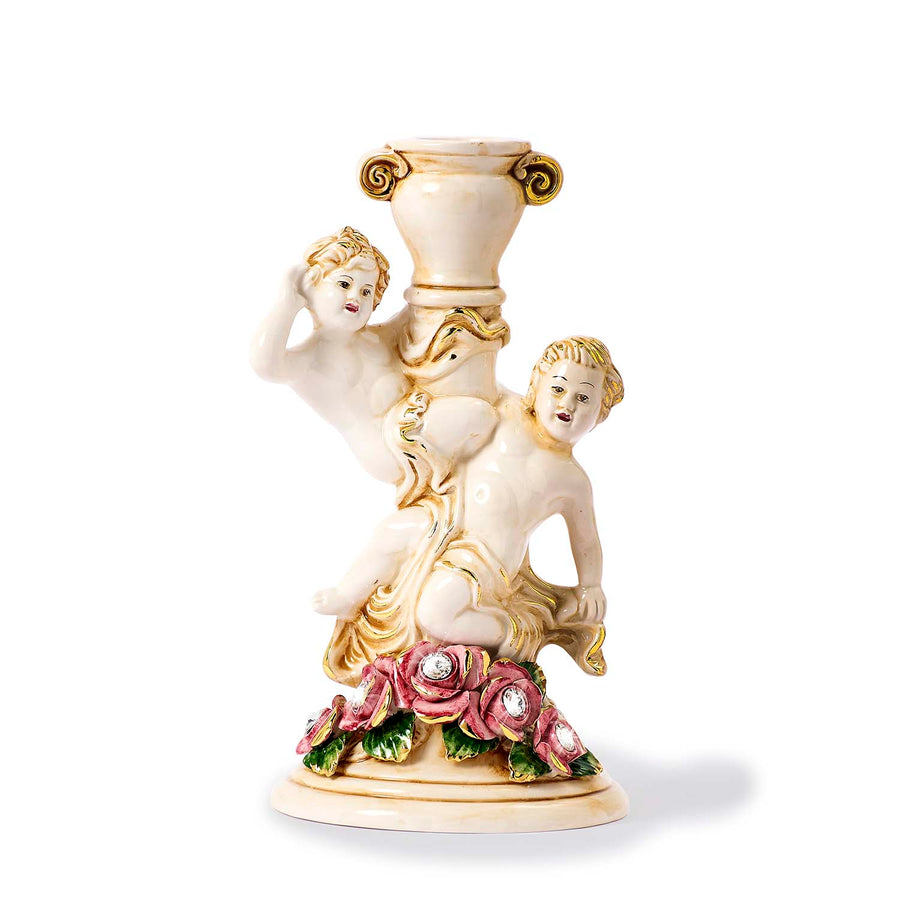 Capodimonte candle holder with putti and roses