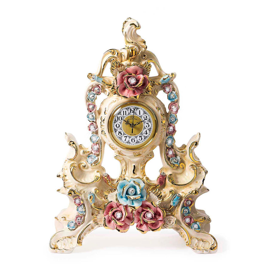Capodimonte clock with roses and two-tone rosebuds
