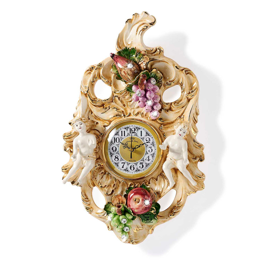 Capodimonte wall clock with fruit and cherubs
