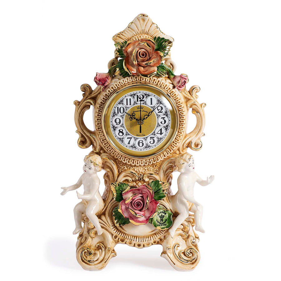 Capodimonte clock with roses and cherubs